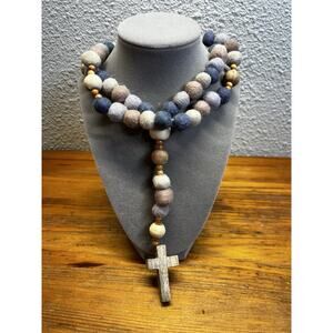 Wool Felt Ball Cross Necklace 24” Drop Wood Beads Neutral Boho Handmade Style